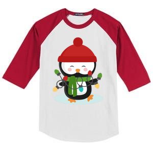 Cute Winter Penguin Christmas Lights Kids Colorblock Raglan Jersey