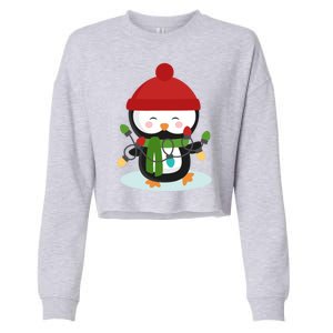 Cute Winter Penguin Christmas Lights Cropped Pullover Crew