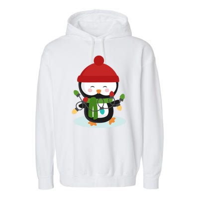 Cute Winter Penguin Christmas Lights Garment-Dyed Fleece Hoodie