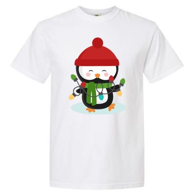 Cute Winter Penguin Christmas Lights Garment-Dyed Heavyweight T-Shirt