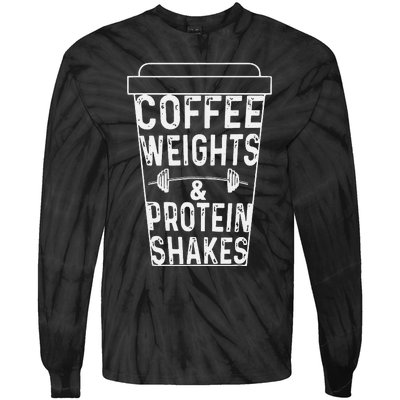 Coffee Weights & Protein Shakes Funny Lifting Tie-Dye Long Sleeve Shirt