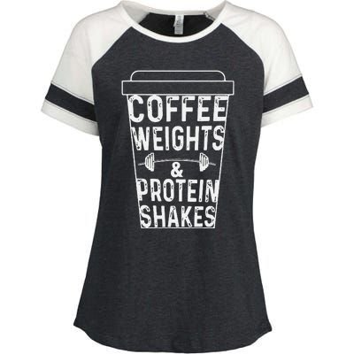 Coffee Weights & Protein Shakes Funny Lifting Enza Ladies Jersey Colorblock Tee