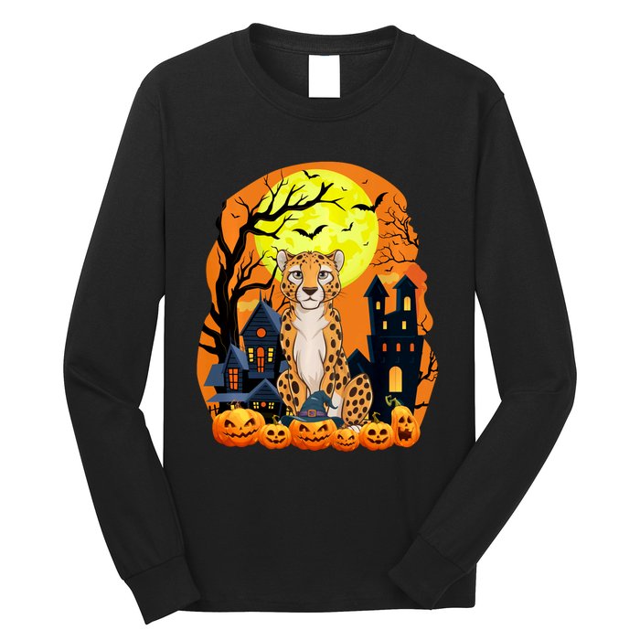 Cheetah With Pumpkins Funny Scary Halloween Party Long Sleeve Shirt