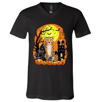 Cheetah With Pumpkins Funny Scary Halloween Party V-Neck T-Shirt