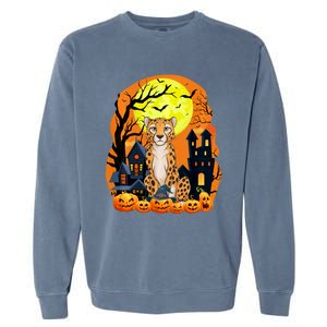 Cheetah With Pumpkins Funny Scary Halloween Party Garment-Dyed Sweatshirt