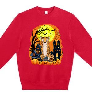 Cheetah With Pumpkins Funny Scary Halloween Party Premium Crewneck Sweatshirt