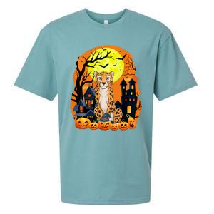 Cheetah With Pumpkins Funny Scary Halloween Party Sueded Cloud Jersey T-Shirt