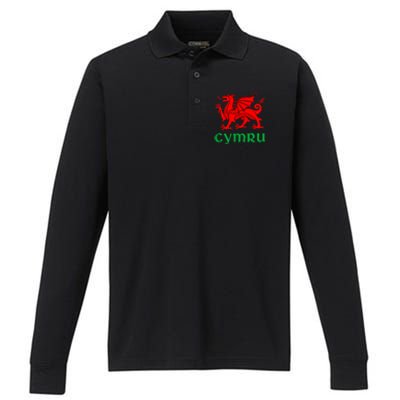 Cymru Welsh Pride Gift Red Dragon Of Wales Flag Funny Gift Performance Long Sleeve Polo