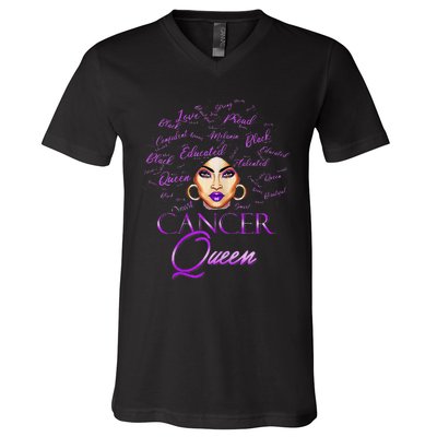 Cancer Wo Purple Afro Queen Black Zodiac Birthday V-Neck T-Shirt