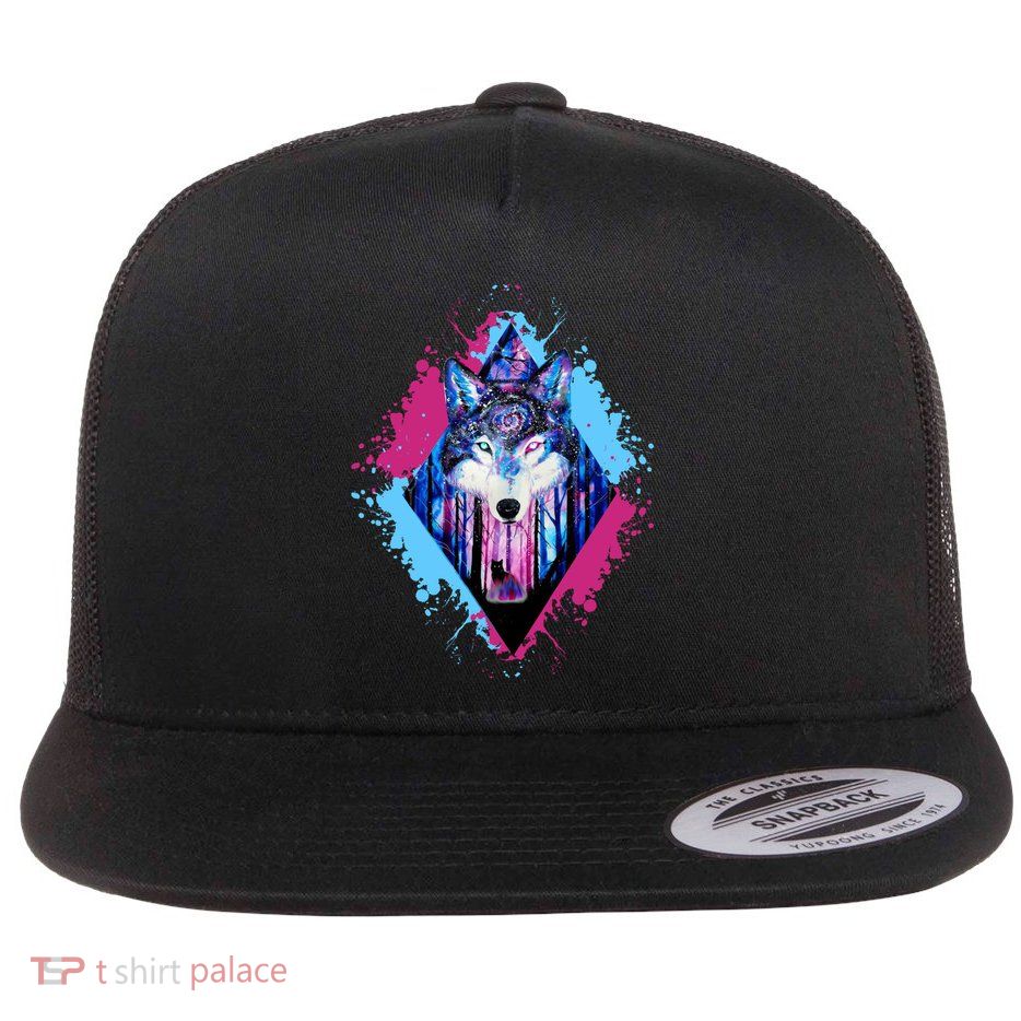 Colorful Wolf Painting Wolves Lover Flat Bill Trucker Hat