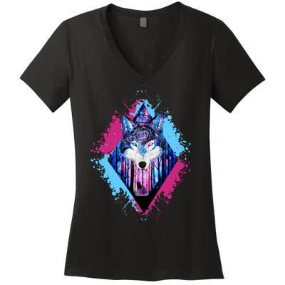 Colorful Wolf Painting Wolves Lover Women's V-Neck T-Shirt