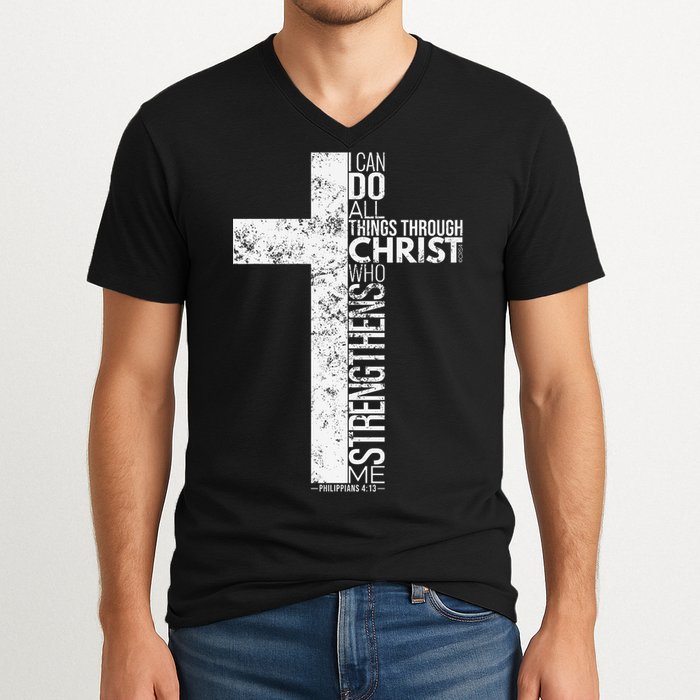 Cross With Philippians 413 Christian V-Neck T-Shirt