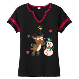 Cute Winter Reindeer Snowman Best Friends Ladies Halftime Notch Neck Tee