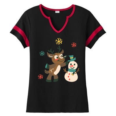 Cute Winter Reindeer Snowman Best Friends Ladies Halftime Notch Neck Tee