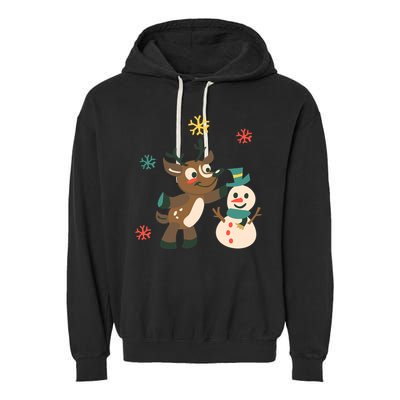 Cute Winter Reindeer Snowman Best Friends Garment-Dyed Fleece Hoodie