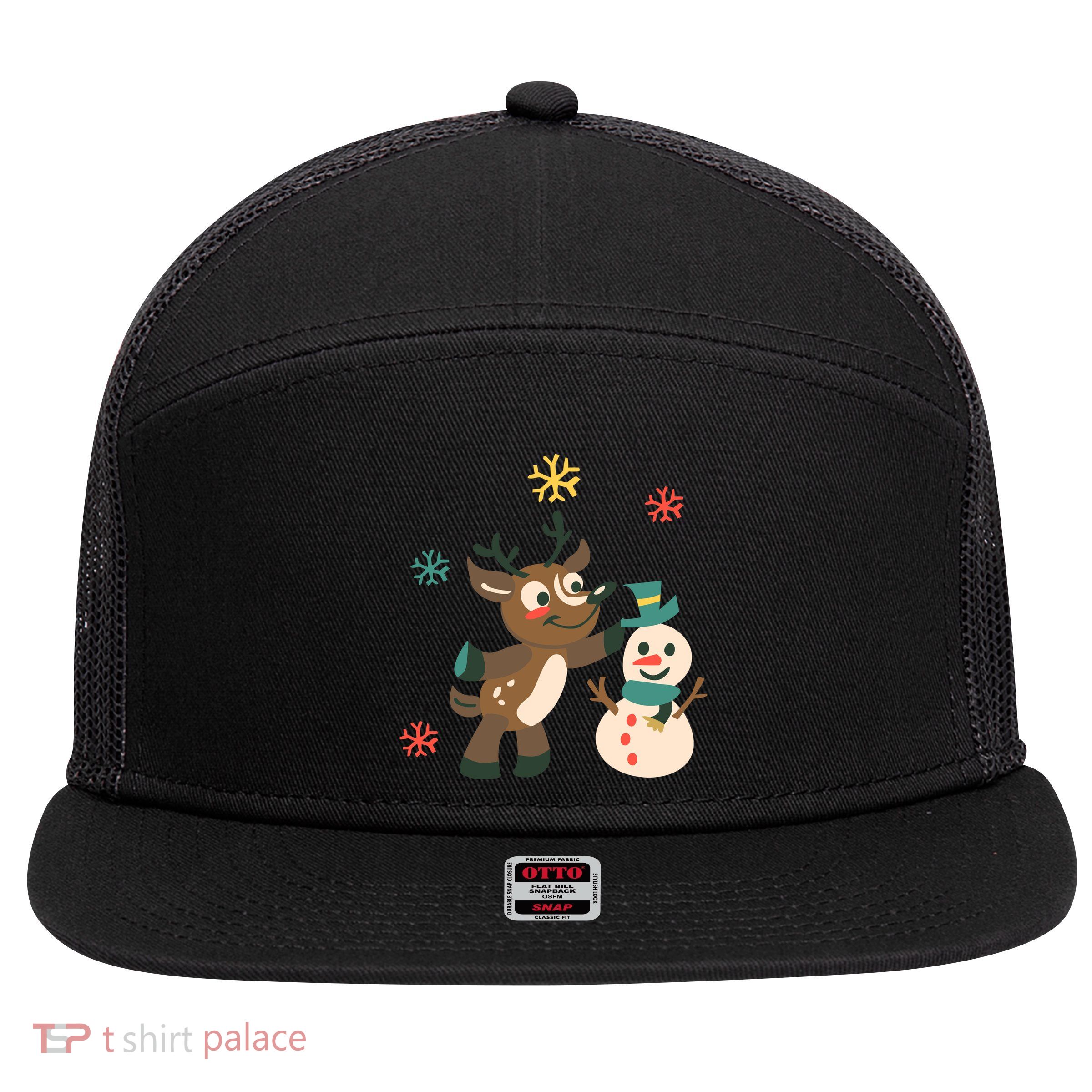 Cute Winter Reindeer Snowman Best Friends 7 Panel Mesh Trucker Snapback Hat
