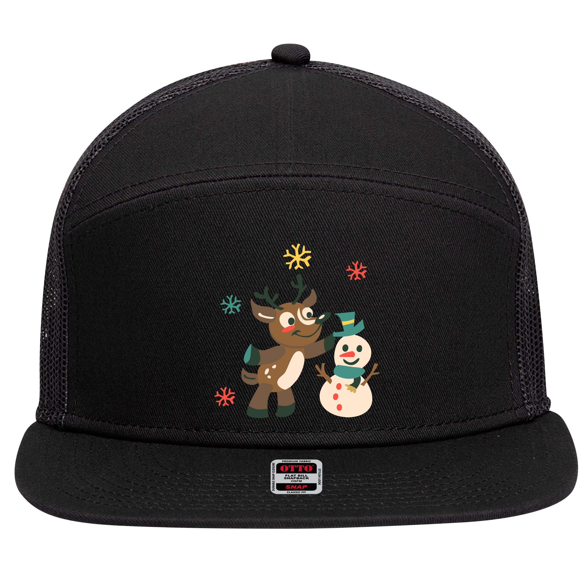 Cute Winter Reindeer Snowman Best Friends 7 Panel Mesh Trucker Snapback Hat