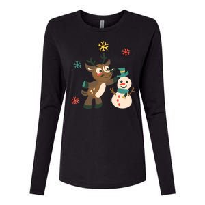 Cute Winter Reindeer Snowman Best Friends Womens Cotton Relaxed Long Sleeve T-Shirt