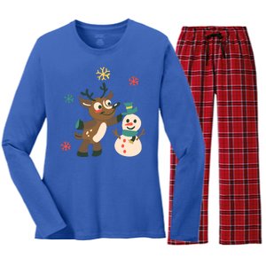 Cute Winter Reindeer Snowman Best Friends Women's Long Sleeve Flannel Pajama Set 