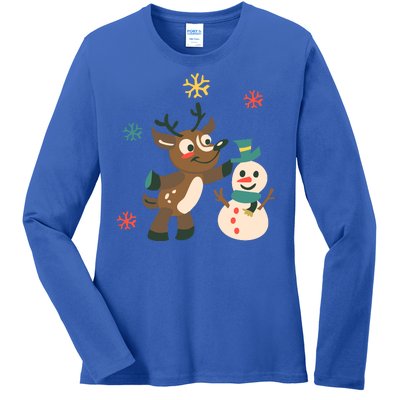 Cute Winter Reindeer Snowman Best Friends Ladies Long Sleeve Shirt