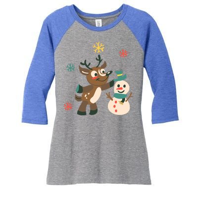 Cute Winter Reindeer Snowman Best Friends Women's Tri-Blend 3/4-Sleeve Raglan Shirt