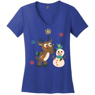 Cute Winter Reindeer Snowman Best Friends Women's V-Neck T-Shirt