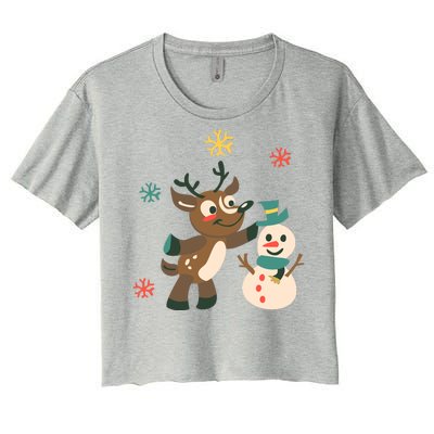 Cute Winter Reindeer Snowman Best Friends Women's Crop Top Tee