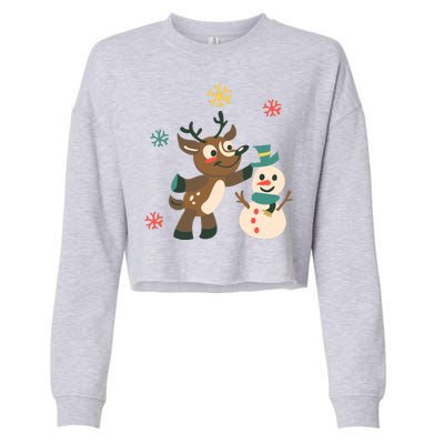 Cute Winter Reindeer Snowman Best Friends Cropped Pullover Crew