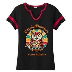 Circular Wonders Retro Owl Sushi And Chopsticks Ladies Halftime Notch Neck Tee