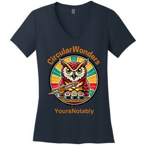 Circular Wonders Retro Owl Sushi And Chopsticks Women's V-Neck T-Shirt