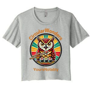 Circular Wonders Retro Owl Sushi And Chopsticks Women's Crop Top Tee