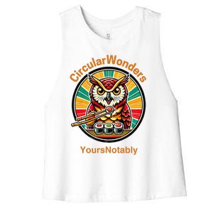 Circular Wonders Retro Owl Sushi And Chopsticks Women's Racerback Cropped Tank