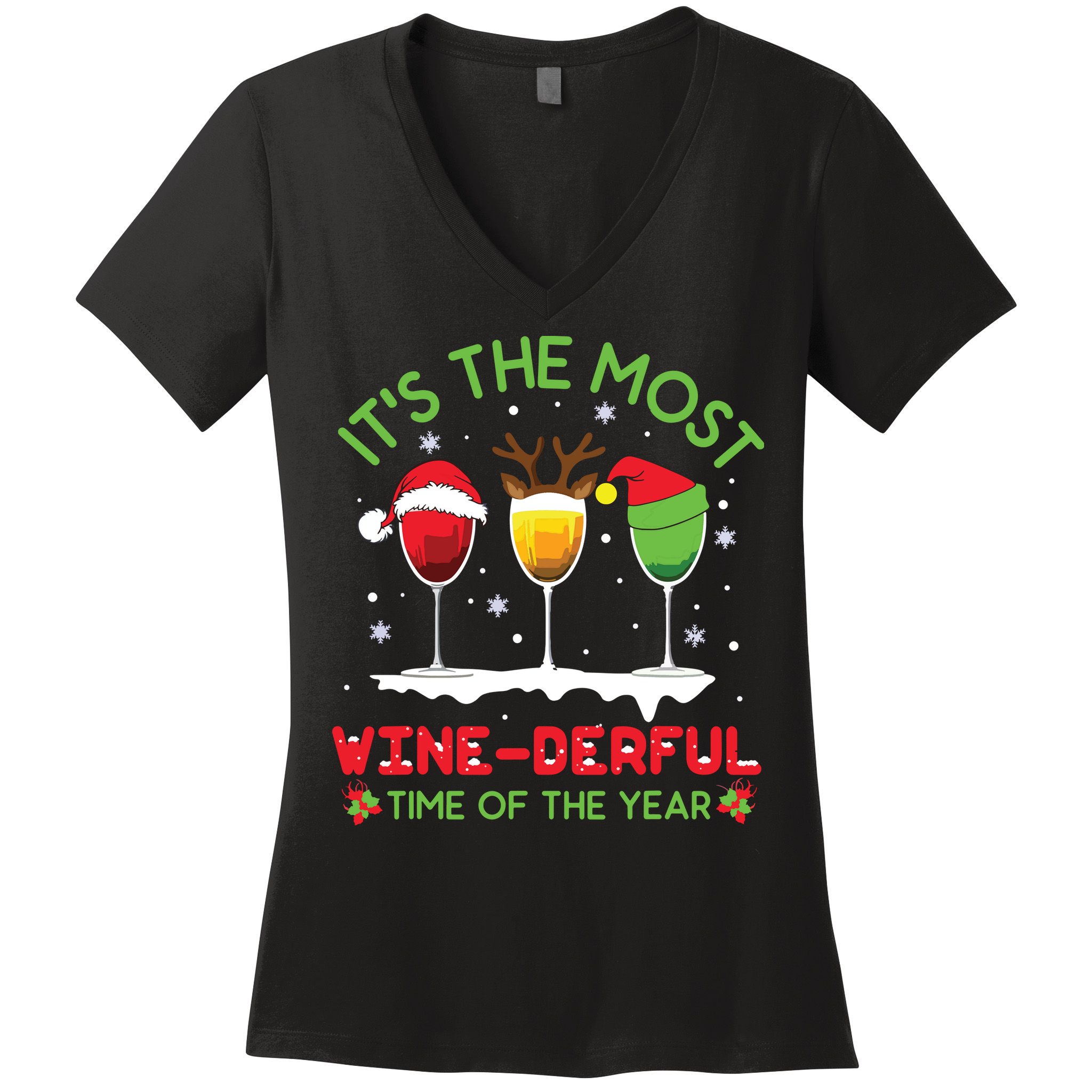 Christmas Wine Shirts Xmas Alcohol Pajama PJ Tops Women's V-Neck T-Shirt