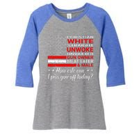 Christian White Straight Unwoke Unvaxxed Gun Owner Women's Tri-Blend 3/4-Sleeve Raglan Shirt