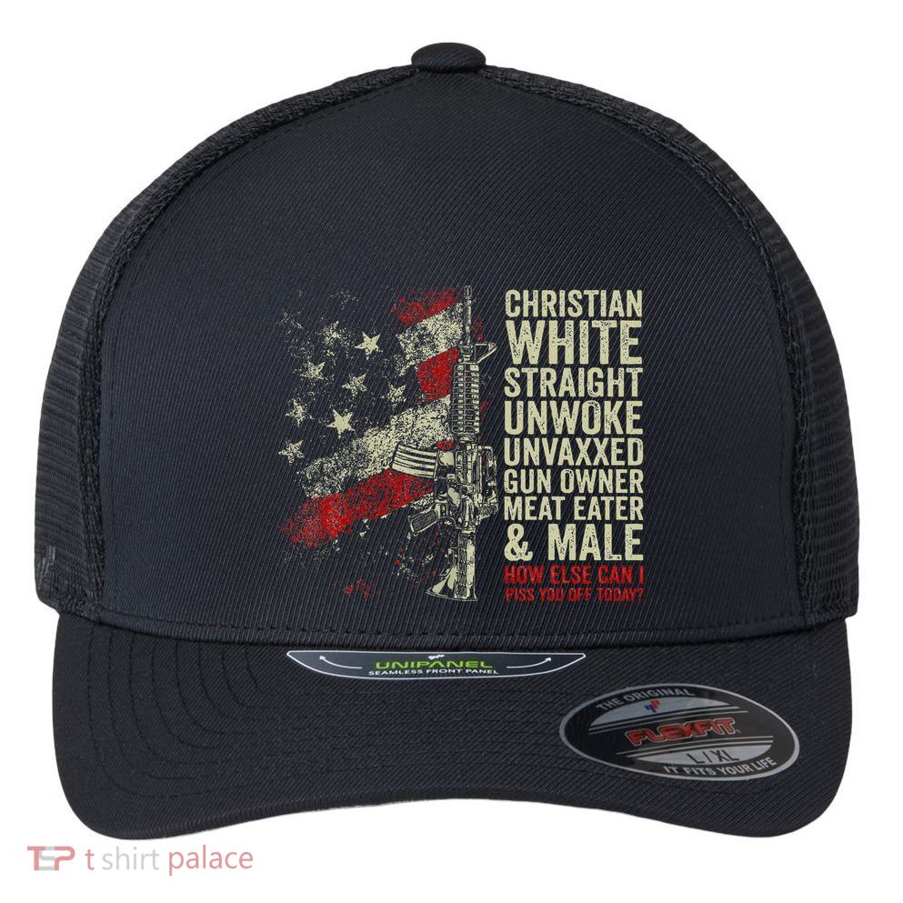 Christian White Straight Unwoke Unvaxxed Gun Owner Flexfit Unipanel Trucker Cap