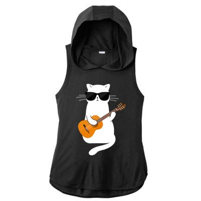 Cat Wearing Sunglasses Playing Guitar Guitarist Ladies PosiCharge Tri-Blend Wicking Draft Hoodie Tank