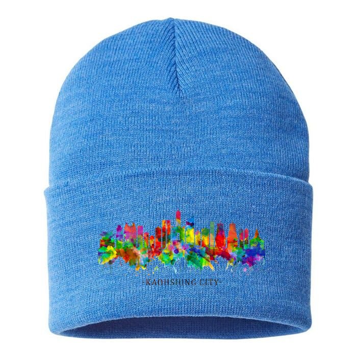 City Watercolor Skyline Home State Souvenir Kaohsiung Taiwan Meaningful Gift Sustainable Knit Beanie