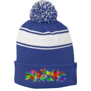 City Watercolor Skyline Home State Souvenir Kaohsiung Taiwan Meaningful Gift Stripe Pom Pom Beanie