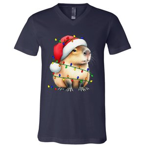 Capybara Wearing Santa Hat Christmas Capybara Lover Xmas V-Neck T-Shirt