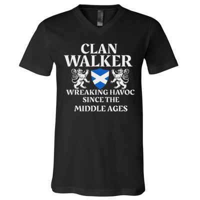 Clan Walker Scottish Family Kilt Tartan Lion V-Neck T-Shirt