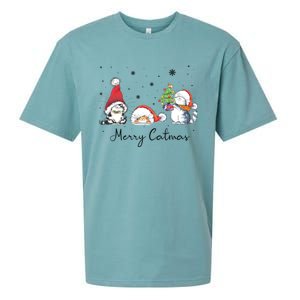 Cats With Santa Hat Merry Catmas Cat Lover Christmas Gift Cool Gift Sueded Cloud Jersey T-Shirt