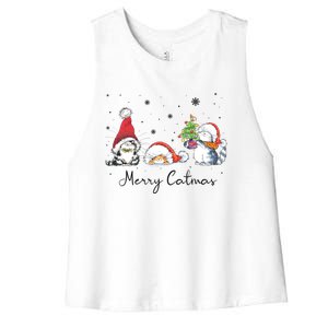 Cats With Santa Hat Merry Catmas Cat Lover Christmas Gift Cool Gift Women's Racerback Cropped Tank