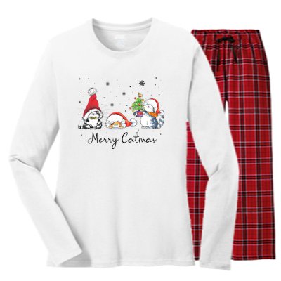 Cats With Santa Hat Merry Catmas Cat Lover Christmas Gift TShirt Women's Long Sleeve Flannel Pajama Set 