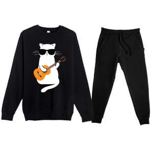 Cat Wearing Sunglasses Playing Guitar Guitarist Premium Crewneck Sweatsuit Set