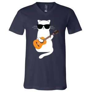 Cat Wearing Sunglasses Playing Guitar Guitarist V-Neck T-Shirt