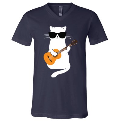 Cat Wearing Sunglasses Playing Guitar Guitarist V-Neck T-Shirt