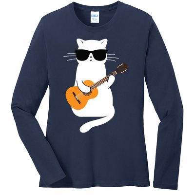 Cat Wearing Sunglasses Playing Guitar Guitarist Ladies Long Sleeve Shirt