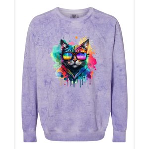 Cat Wearing Sunglasses In Rainbow Watercolor Popart Graphic Cool Gift Colorblast Crewneck Sweatshirt