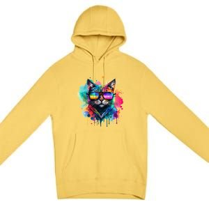 Cat Wearing Sunglasses In Rainbow Watercolor Popart Graphic Cool Gift Premium Pullover Hoodie