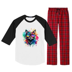 Cat Wearing Sunglasses In Rainbow Watercolor Popart Graphic Cool Gift Raglan Sleeve Pajama Set